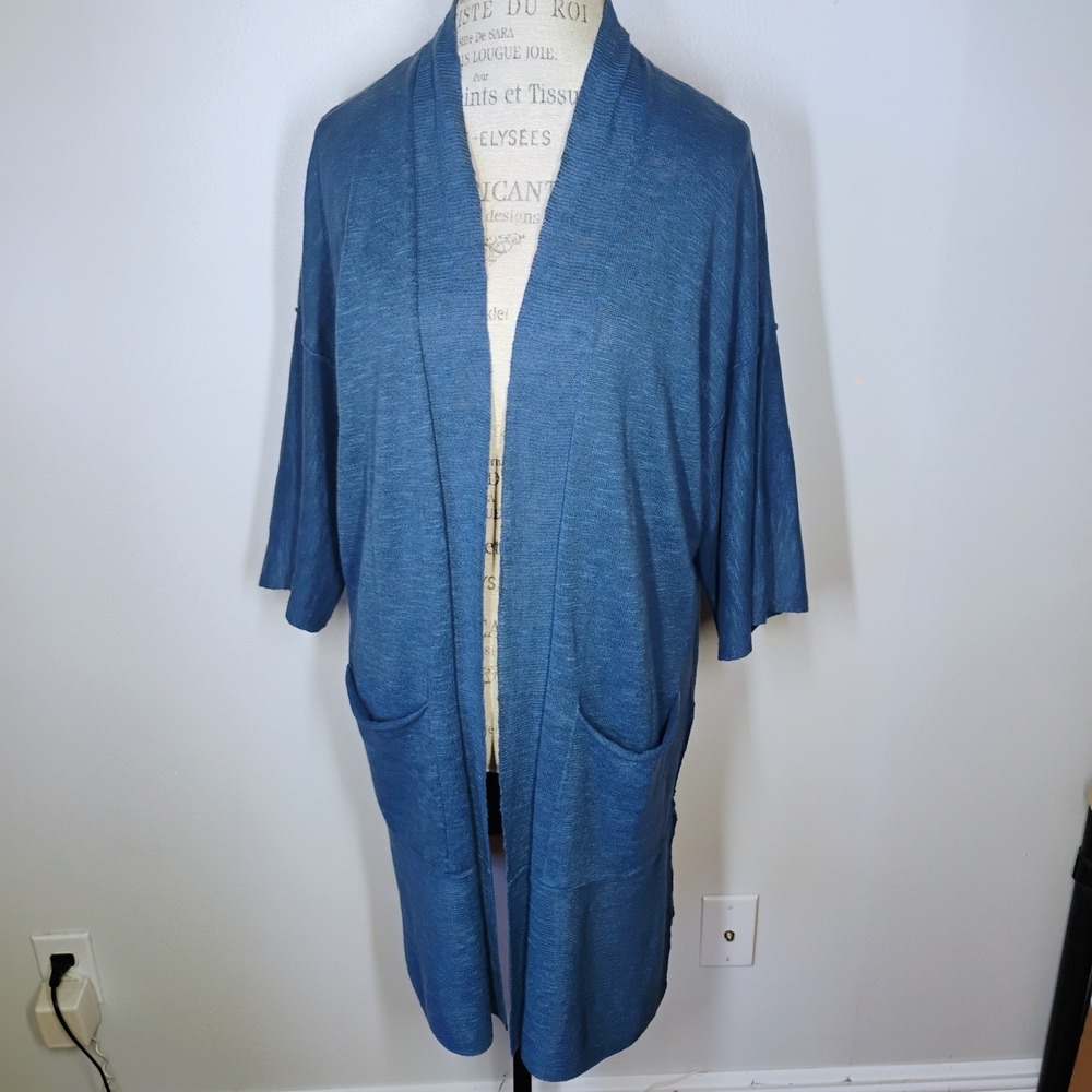 Eileen Fisher Cardigan Women S/M Blue Organic Linen Cotton Blend Kimono Open